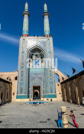 Front facade of 800-year old grand, congregational Jameh Mosque of Yazd city in Iran Stock Photo