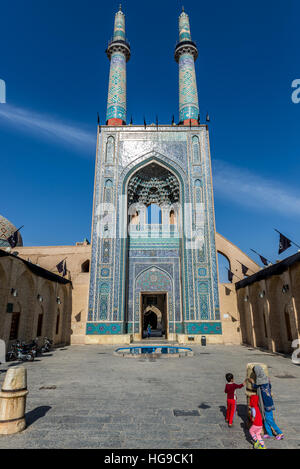 Front facade of 800-year old grand, congregational Jameh Mosque of Yazd city in Iran Stock Photo