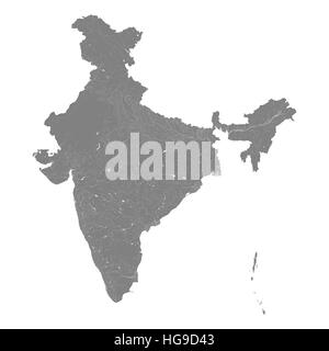 Map of India with rivers and lakes. Stock Photo
