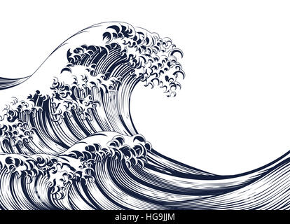 Big waves. Ink black and white Japanese styled drawing Stock Photo