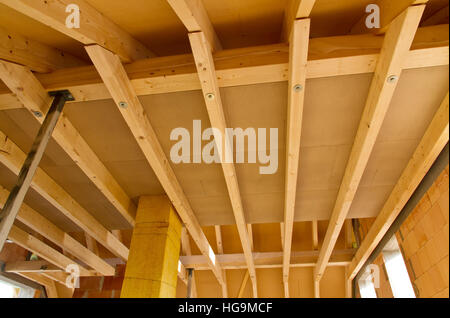 Indoor image of a wooden frame roof truss construction on a new house Stock Photo