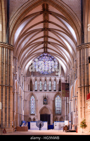 Thirteenth century Dean's Eye stained glass window at the north transept of Lincoln cathedral, England. Stock Photo