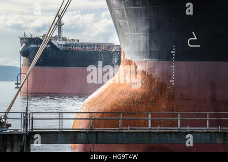 A close up horizontal view of a bulbous bow from a container ship Stock Photo