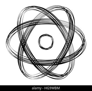 Atomic symbol with black lines. Many overlapping strings produce a dynamic sign. Nucleus in the middle with three ellipses. Stock Photo