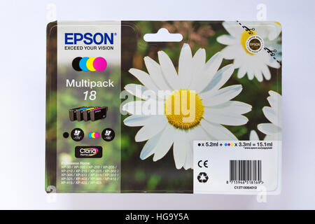 Pack of Epson Multipack18 ink cartridges isolated on white background Stock Photo