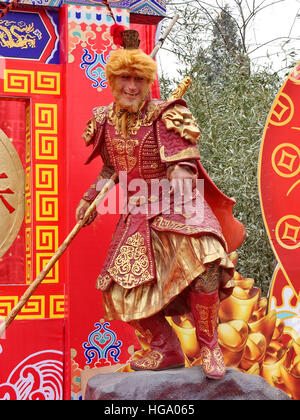 Chinese Monkey King wax statue at temple fairs during Chinese New Year in 2016 Stock Photo