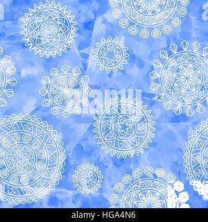 Boho ethnic seamless pattern with tribal elements. Hand drawn geometric mandalas on blue watercolor background. Stock Vector
