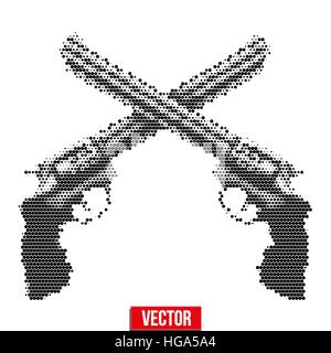 Cross of Revolvers in vintage halftone sketch style. Vector Illustration isolated on background. Stock Vector