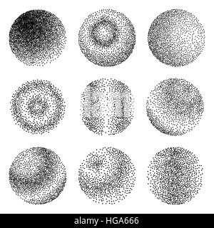 Abstract gradient halftone dotwork. Circles with black dots. Round shaped elements for grunge background. Stock Vector