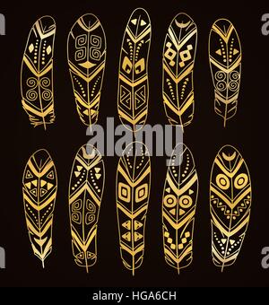 Hand drawn golden ethnic feathers set isolated on brown background. Collection of stylized tribal elements. Stock Vector