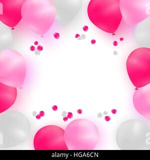 Greeting card template for wedding, birthday, Mothers Day. White and pink balloons on white background with rose petals. Stock Vector