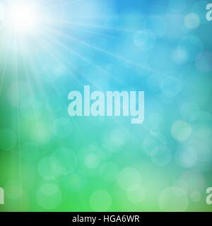 Abstract defocused nature background with blue and green blurred bokeh circles. Summer sun with light rays. Stock Vector