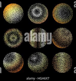Abstract gradient halftone dotwork. Circles with golden dots. Round shaped elements for grunge background. Stock Vector
