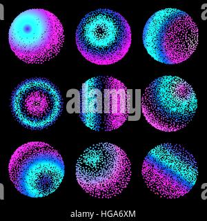 Abstract gradient halftone dotwork. Circles with colored dots. Round shaped elements for grunge background. Stock Vector