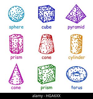 Abstract gradient halftone colorful dotwork. Geometrical solids set with dots. Elements for grunge background. Stock Vector