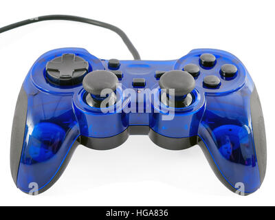 blue video game controller detail for console gaming isolated on white background Stock Photo