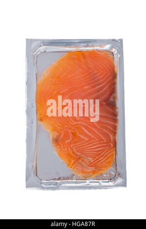 Smoked salmon slices in package isolated on white background Stock Photo