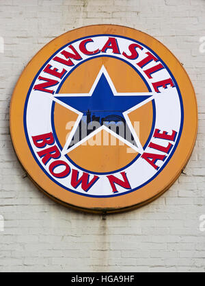 Newcastle Brown Ale logo on a Newcastle wall. The beer was originally brewed in Newcastle upon Tyne but is now made in Tadcaster Stock Photo