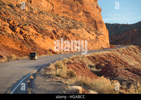 Bluff, Utah - A UPS delivery truck on US Highway 163, crossing Comb Ridge in Bears Ears National Monument. Stock Photo