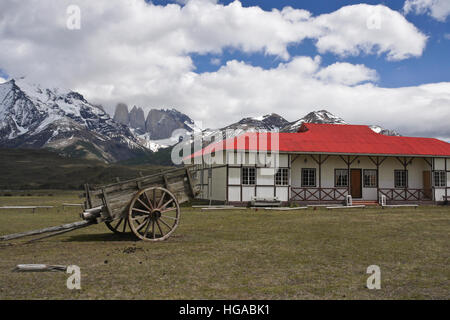 Rancho Laguna Amarga and Paine Massif, Torres del Paine, Patagonia, Chile Stock Photo