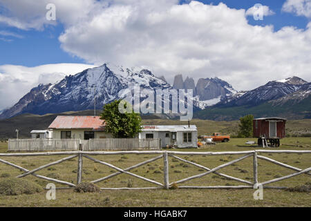 Rancho Laguna Amarga and Paine Massif, Torres del Paine, Patagonia, Chile Stock Photo