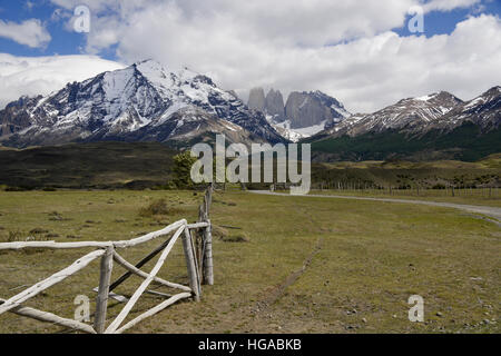 Rancho Laguna Amarga and Paine Massif, Torres del Paine, Patagonia, Chile Stock Photo