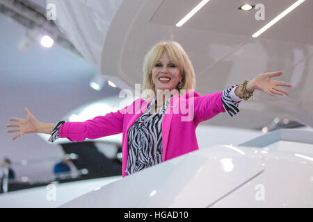 Royal Victoria Dock, Excel, London, UK. 6th Jan, 2017. TV star, model and activist, Joanna Lumley OBE opens the Sunseeker International Stand. Sunseeker's 40m Yacht “Thumper” ‘made a star appearance in the Absolutely Fabulous The Movie. Credit: Dinendra Haria/Alamy Live News Stock Photo