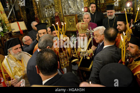 Bethlehem, Palestine. January 7th 2017: Greek Orthodox Patriarch Theophilos III at Christmas Midnight Mass at the Church of Nativity in Bethlehem © Ognjen Stevanovic/Alamy Live News Stock Photo