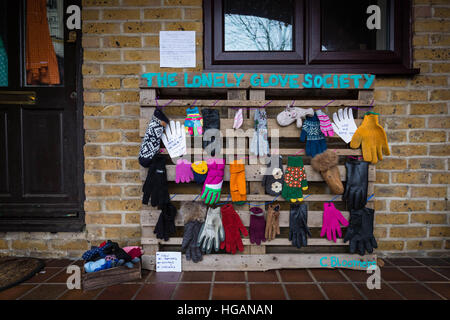 London, UK. 7th January, 2017. The Lonely Glove Society. A sanctuary for lost or disowned gloves that have been parted from their other-half providing a chance to find a new pairing to help get through the chilly winter season. © Guy Corbishley/Alamy Live News Stock Photo