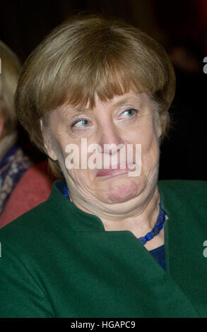 Trinwillershagen, Germany. 6th Jan, 2017. German Chancellor Angela Merkel (CDU) speaking at a New Year's reception of the Landrat of the Vorpommern-Ruegen district, in Trinwillershagen, Germany, 6 January 2017. Merkel has represented the Stralsund-Greifswald-Ruegen-Vorpommern constituency in the Bundestag since 1990. Photo: Stefan Sauer/dpa-Zentralbild/dpa/Alamy Live News Stock Photo