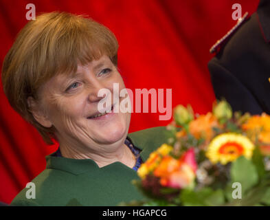 Trinwillershagen, Germany. 6th Jan, 2017. German Chancellor Angela Merkel (CDU) laughing at a New Year's reception of the Landrat of the Vorpommern-Ruegen district, in Trinwillershagen, Germany, 6 January 2017. Merkel has represented the Stralsund-Greifswald-Ruegen-Vorpommern constituency in the Bundestag since 1990. Photo: Stefan Sauer/dpa-Zentralbild/dpa/Alamy Live News Stock Photo