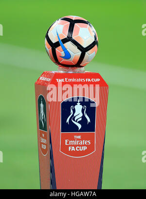 A general view of the match ball prior to the Emirates FA Cup, Third Round match at the London Stadium. Stock Photo