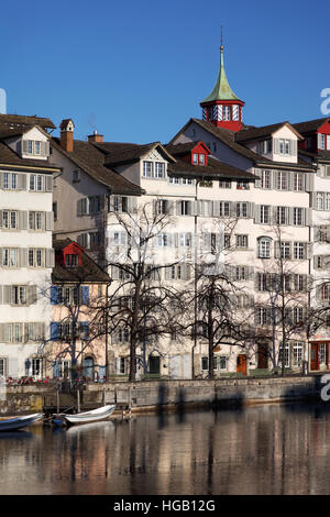 Schipfe riverfront reflected in the Limmat River, Zürich Switzerland Stock Photo