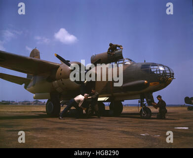 July 1942 - An A-20 Havoc bomber being serviced at Langley Field, Virginia. Stock Photo