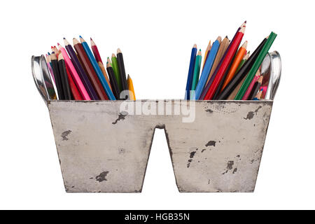 front view wood vintage pencil holder with metallic handles isolated on white Stock Photo
