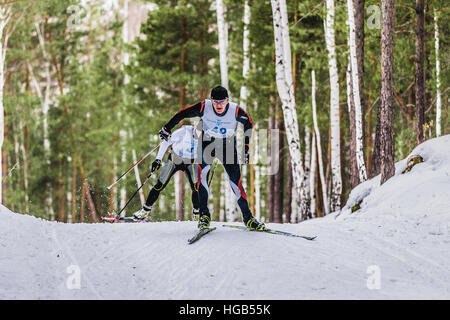 two skiers men in forest free style during Championship on cross country skiing Stock Photo