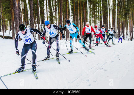 group of skiers athletes men in forest free style uphill during Championship on cross country skiing Stock Photo