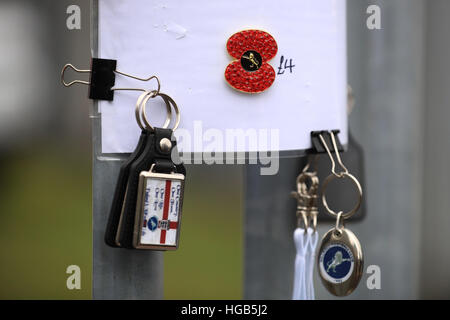 Pin badges for sale outside The Den during the Emirates FA Cup, Third Round match at The Den, London. PRESS ASSOCIATION Photo. Picture date: Saturday January 7, 2017. See PA story SOCCER Millwall. Photo credit should read: John Walton/PA Wire. RESTRICTIONS: EDITORIAL USE ONLY No use with unauthorised audio, video, data, fixture lists, club/league logos or 'live' services. Online in-match use limited to 75 images, no video emulation. No use in betting, games or single club/league/player publications. Stock Photo