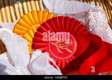 Award rosettes for winner in equestrian sport with red and yellow colors Stock Photo