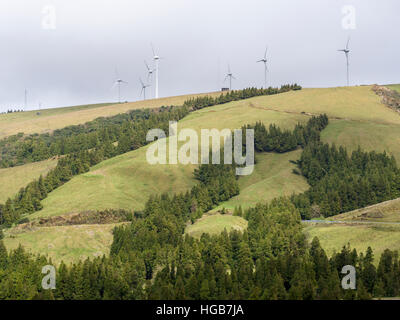 Wind Turbines on the Crater's Edge. A cluster of wind turbines generates power along the edge of the Furnas crater above steep green pastures. Stock Photo