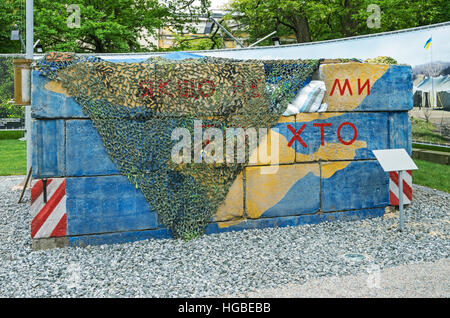 Dnepropetrovsk, Ukraine - May 19, 2016: Open air museum dedicated to war in the Donbass. Disguised layout checkpoint Ukrainian armed forces Stock Photo
