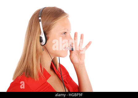 Beautiful customer service operator student girl with headset, isolated on white background. Stock Photo