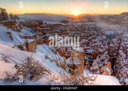 The sun rises out of the a fog bank over the Silent City of snow shrouded hoodoos and Sunset Point in Bryce Canyon National Park, Utah Stock Photo