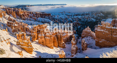 Panoramic image of Bryce Canyon hoodoos covered in snow taken from Sunset Point in Bryce Canyon National Park, Utah (Panorama) Stock Photo