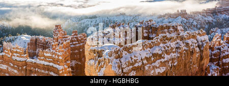 Panoramic image of the Wall Street formation of hoodoos covered in snow taken from Sunset Point in Bryce Canyon National Park, Utah (Panorama) Stock Photo