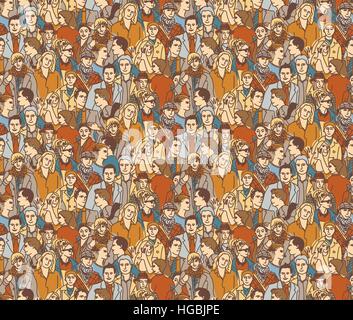 Crowd people color seamless pattern. Stock Vector