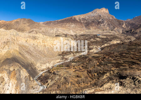 view of the mountains from the monastery in the village of Dzharkot, Lower Mustang, Nepal Stock Photo