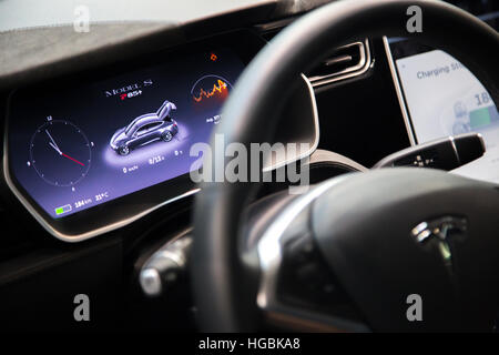 MOSCOW, RUSSIA - NOV 23, 2016: Interior of cabin of the Tesla Model S car. Stock Photo