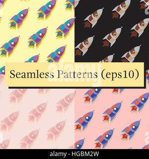 Cute and colorful space seamless pattern background with rockets. In pink and red colors. Stock Vector
