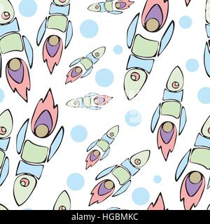 Cute and colorful space seamless pattern background with rockets. Violet, pink and blue. Stock Vector